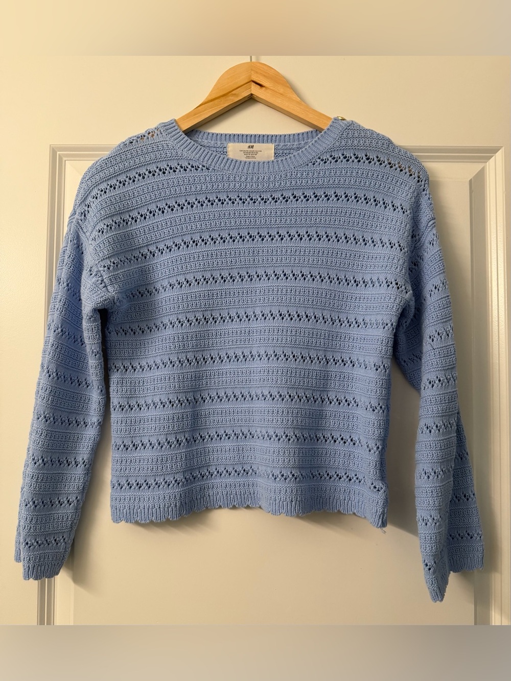 H&M Girls 8-10Y Blue Pointelle Knit Sweater 100% Cotton Shoulder Buttons